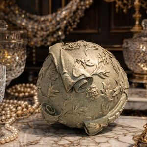Vintage Baroque Faux Stone Scroll Ball – Ornate Decorative Sphere Accent 7”